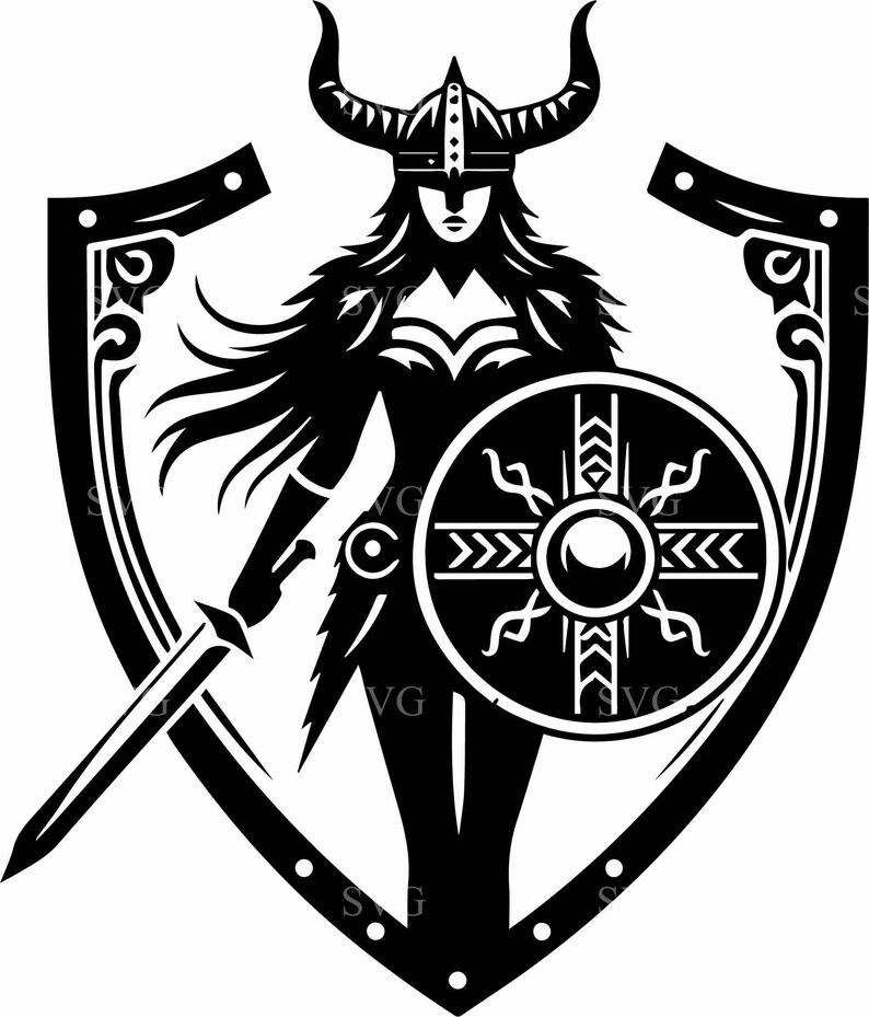 May include: Black and white illustration of a female warrior holding a sword and shield. She is wearing a horned helmet and a shield with a circular design. The warrior is standing inside a shield-shaped frame.