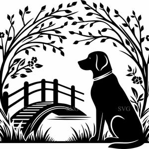 Arquivo de corte SVG com 4 cachorros em uma ponte, design de 4 silhuetas de cachorros em arco de jardim, clipart memorial para animais de estimação para Cricut e corte a laser