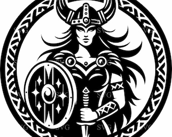 Vikingkvinna SVG 7 Cut File - Krigare Shield Maiden Design - Nordisk Mytologi Digital Konst