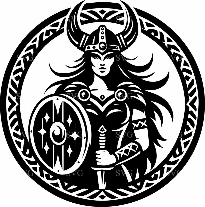May include: Black and white illustration of a female warrior wearing a horned helmet and holding a shield and sword. The warrior is surrounded by a circular border with a Celtic knot design.