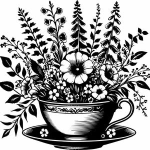 4 Teacup flower bouquet SVG – 4 Vintage floral cut file – Wildflower arrangement design for Cricut crafts, cards, kitchen decor
