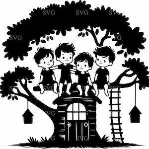 ツリーハウス キッズ SVG 4 カット ファイル - ツリーハウスに座っている子供たちのシルエット - 遊び心のある家族のデジタル ダウンロード