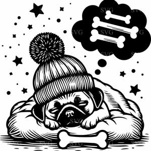 Slapende mopshond SVG, 4 schattige puppy dromen van botten, hond silhouet snijden bestand voor Cricut & lasersnijden