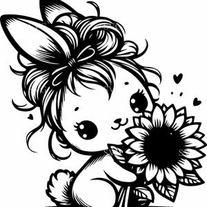 7 Conejitos con Girasoles - Archivo de corte SVG / 7 Lindos Conejos - Clipart / Silueta de Animal Floral Primaveral para Cricut y Manualidades