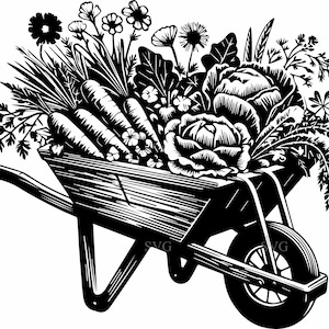 Puede incluir: Ilustración en blanco y negro de una carretilla llena de verduras y flores de jardín. Zanahorias, repollo y varias flores llenan la carretilla de madera, sugiriendo un tema de cosecha. La carretilla se representa con un estilo artístico detallado.