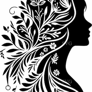 4 arquivos de corte de silhueta de mulher com cabelo floral SVG, 4 arquivos de corte de silhueta de menina botânica para Cricut e Laser, clipart feminino inspirado na natureza
