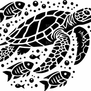 Puede incluir: Silueta en blanco y negro de una tortuga marina nadando en el océano con burbujas y peces. La tortuga tiene un caparazón y aletas detalladas.