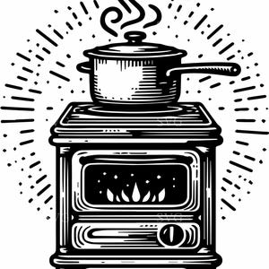 May include: Black and white illustration of a vintage stove with a pot on top. The pot has a handle and steam rising from it. The stove has a front door with flames visible inside, and a radiating burst of lines around it.