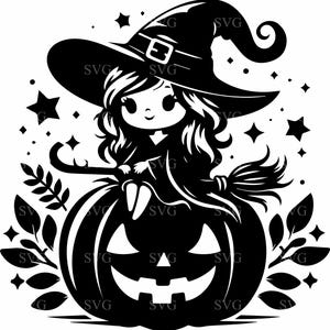 6 jolie fille sorcière coupe fichier SVG - Clipart de manche à balai citrouille d'Halloween - automne magique Cricut Design pour travaux manuels pour enfants
