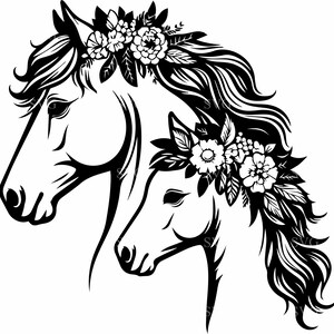 Hermoso caballo y potro SVG, archivo de corte de 5, detalles de corona floral, perfecto para manualidades con temática de la naturaleza y proyectos de bricolaje