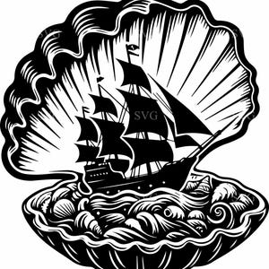 May include: Black and white illustration of a sailing ship inside a seashell. The ship has multiple sails and is sailing on wavy water. The seashell is open, with detailed lines and textures.