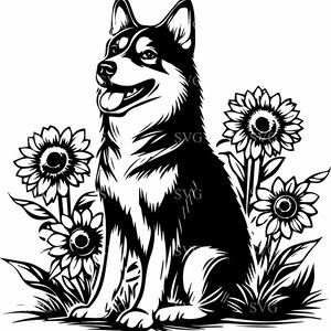 Hond met zonnebloemen SVG 4 gesneden bestand - bloemen hondensilhouet ontwerp - knutselproject