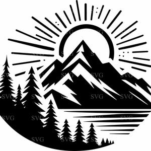 May include: A black and white silhouette design of mountains and a sun. The image shows a mountain range, evergreen trees, and a sunburst. The circular design is suitable for outdoor-themed products.
