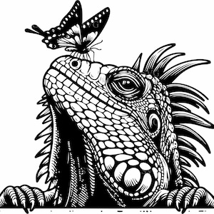 May include: A black and white graphic illustration of an iguana with a butterfly perched on its snout. The iguana features detailed scales, a spiky crest along its head and back, and two front claws visible at the bottom of the frame.
