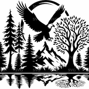 4 Majestic Eagle gesneden SVG-bestand, stijgende vogel met bos en maan clipart voor Cricut, Wilderness Wildlife Design