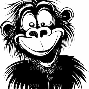 May include: Black and white illustration of a cartoon monkey with a big smile and a mischievous expression. The monkey has a furry face and a large, round nose.