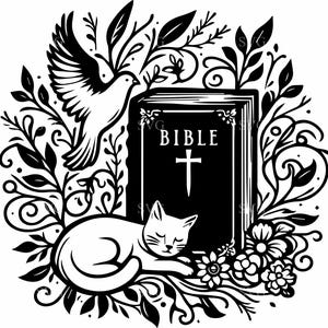 Könnte beinhalten: Schwarz-Weiß-Illustration mit einer Bibel mit Kreuz, einer fliegenden Taube und einer schlafenden Katze. Die Bibel ist von floralen und Blattelementen umgeben, die ein harmonisches und symbolisches Design bilden.