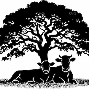 Archivo de corte SVG de 6 vacas y terneros, 6 siluetas relajantes bajo un árbol, imágenes prediseñadas de escenas de animales tranquilos para Cricut y corte láser
