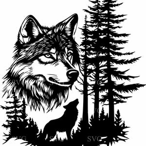 May include: Black and white silhouette of a wolf howling at the moon with a forest of pine trees in the background.