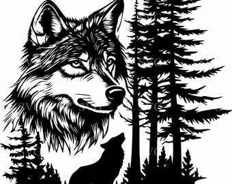 Forest Wolf SVG 4 Cut File - Detailed Wolf Profile with Howling Silhouette and Trees - Wildlife Cricut Clipart