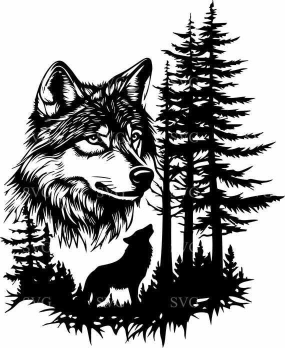 Forest Wolf SVG 4 Cut File - Detailed Wolf Profile with Howling Silhouette and Trees - Wildlife Cricut Clipart