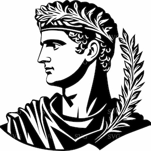 May include: Black and white illustration of a person wearing a laurel wreath and toga. The person is facing to the left and has a serious expression. A branch of leaves is behind the person's head.