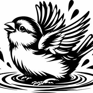 Puede incluir: Ilustración en blanco y negro de un pájaro chapoteando en agua. El pájaro tiene las alas extendidas y está rodeado de gotas de agua. La imagen es un gráfico vectorial, adecuado para diversas aplicaciones.