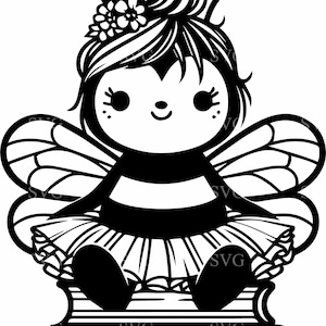 May include: A black and white illustration of a bee wearing a tutu and sitting on a stack of books. The bee has a flower in its hair and a cute, cartoonish face.