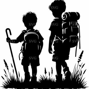 Compañeros de senderismo SVG 4 Archivo de corte - Silueta de dos excursionistas con mochilas y bastones - Diseño de aventuras al aire libre
