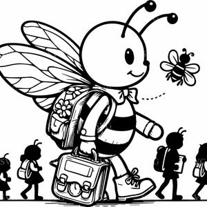 Könnte beinhalten: Schwarz-Weiß-Illustration einer Bienenfigur mit Rucksack und Aktentasche, die eine Reihe von Kindern anführt. Die Biene trägt eine Fliege und hat Flügel. Eine kleinere Biene fliegt in der Nähe. Die Kinder tragen Rucksäcke und Kleider.