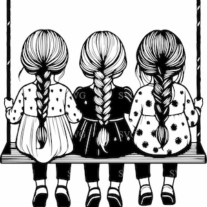 4 drei Mädchen auf Schaukel SVG, 4 Freundschaft Silhouette geschnitten Datei, geflochtene Haar Clipart, Kindheitserinnerungen Vektor-Kunst