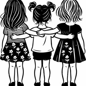 姉妹 SVG 4 カット ファイル、友情で抱き合う 3 人の女の子、幼少期の絆のシルエット、デジタル ダウンロード