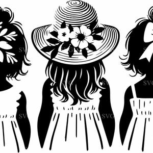 Cappello floreale ragazze SVG, 4 file di taglio silhouette tre sorelle, elegante clipart donne vintage, design ragazza di campagna per Cricut PNG