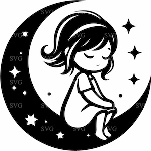 4 schattig meisje zittend op de maan SVG 4 gesneden bestand nachtelijke hemel silhouet clipart voor Cricut en Silhouette Crafts