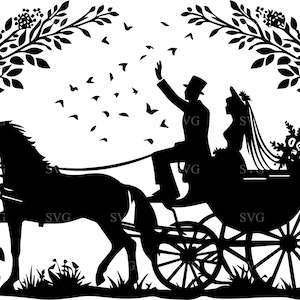 4 Wedding Carriage SVG Cut File – Bride and Groom in Horse Carriage Silhouette – Romantic Cricut Design for Crafts