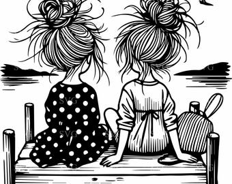 May include: Black and white line art illustration of two girls sitting on a wooden dock. The girls have long hair and are wearing dresses. One girl is wearing a polka dot dress and the other is wearing a plain dress.