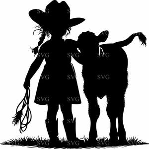 May include: Silhouette of a young girl wearing a cowboy hat and boots, holding a rope and standing next to a calf.