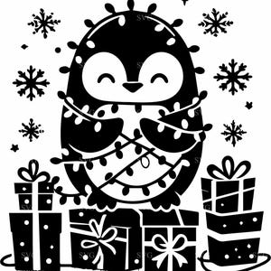 5 adorabili file SVG di pinguini con luci di Natale, fiocchi di neve e regali, perfetti per i lavoretti natalizi