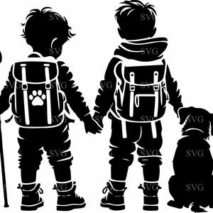 Wandern Jungen mit Hund SVG, 4 Rucksack Abenteuer geschnitten Datei, Kinder Outdoor Silhouette, Camping Ausflug digitaler Download für Cricut