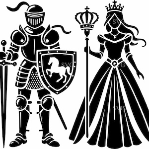 4 chevalier et dame SVG coupe fichier | 4 Clipart Silhouette médiévale | Épée et couronne royales pour travaux manuels Cricut