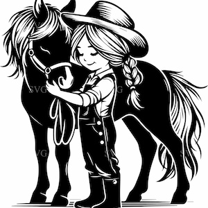 Puede incluir: Ilustración en blanco y negro de una niña con peto y sombrero de vaquero abrazando a un caballo. El caballo tiene una brida y la niña tiene una trenza. La imagen es un gráfico vectorial.