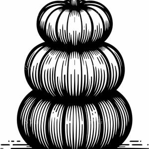 May include: A monochrome illustration of a stacked pumpkin. The design shows three pumpkins of different sizes, one on top of the other, with vertical lines for texture and a curved stem at the top. The artwork is a simple, yet elegant, representation of autumn.