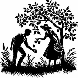 May include: A black and white silhouette depicts a man and a woman harvesting apples from a tree. The woman wears a hat and holds a basket, while the man reaches for an apple. The scene is set in an orchard with grass and foliage.