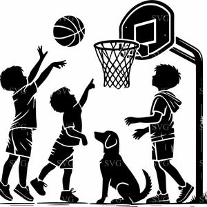 犬と一緒に遊ぶ子供用バスケットボール SVG 4 カット ファイル - バスケットボールをする男の子とペットの観察のシルエット - アウトドア スポーツ デザイン
