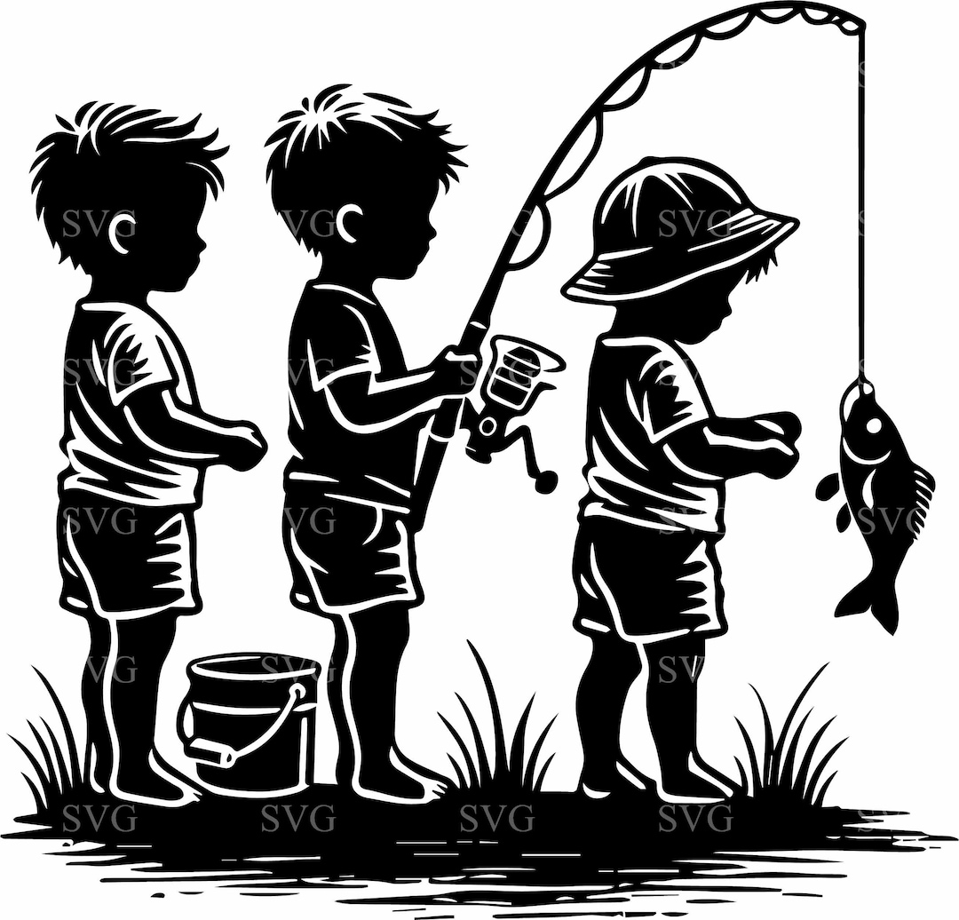 Fishing Boys SVG 4 Cut File – Three Kids Fishing With Rod, Bucket, and ...