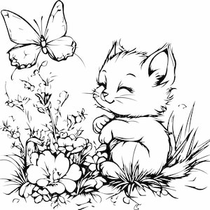 Fichier de coupe SVG 8 chaton, 8 chat mignon avec des cliparts papillon, Silhouette animale florale pour Cricut, sticker vinyle, Art de la nature
