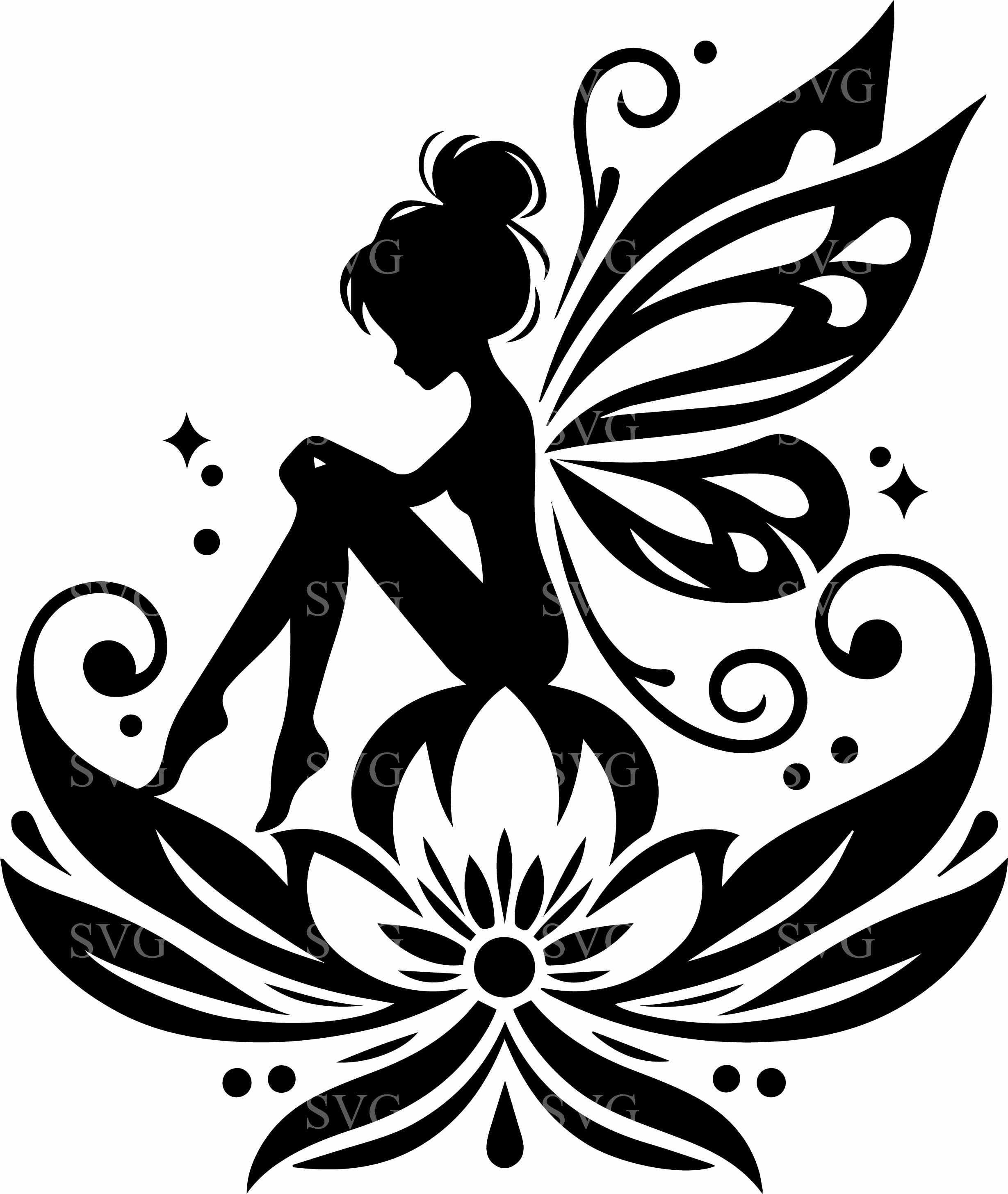 Fairy SVG 4 Cut File Sitting on Flower – Elegant Winged Fairy ...