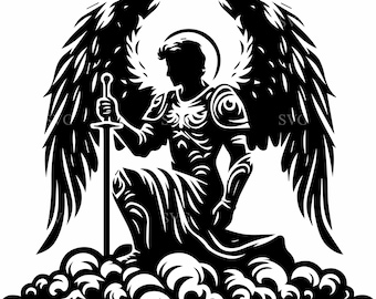 6 Archangel SVG – Warrior Angel Kneeling with Sword, Guardian Angel PNG, Memorial Faith Design, Cricut Religious Cut File
