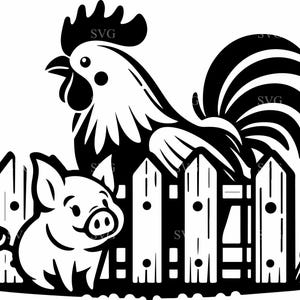 Archivo SVG de corte de 6 gallos y cerdos, 6 lindas escenas de animales de granja en una valla, vector de dibujos animados para Cricut, Silhouette y manualidades