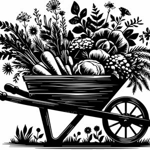 Könnte beinhalten: Schwarz-Weiß-Illustration einer Schubkarre, die mit einer Vielzahl von Gemüse und Blumen überfüllt ist. Karotten, Kohl und andere Produkte sind sichtbar, zusammen mit verschiedenen floralen Elementen. Die Schubkarre steht vor einem Hintergrund aus Gras und Blumen.